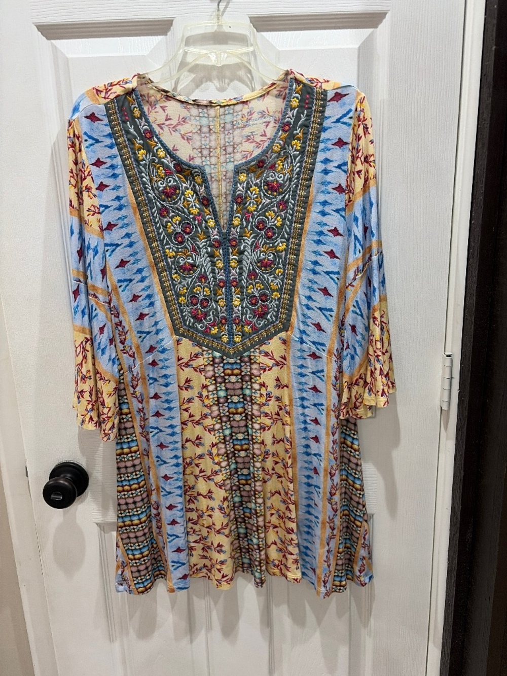 Soft Surroundings Fifi Embroidered Tunic Top Boho Mixed Print Bell Sleeve L